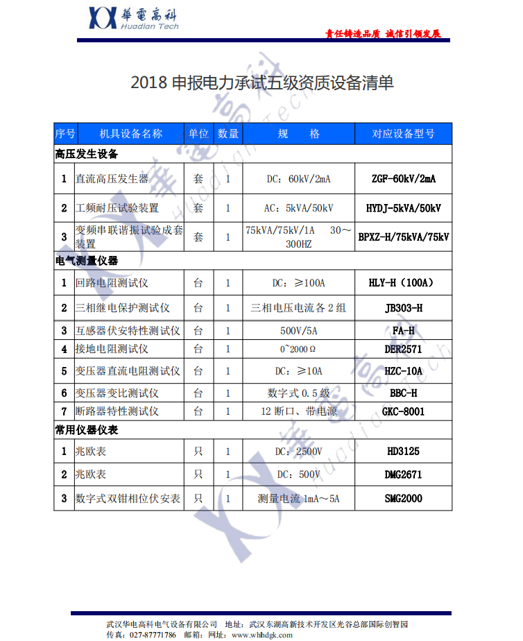 2018申報電力承試五級資質(zhì)設備清單